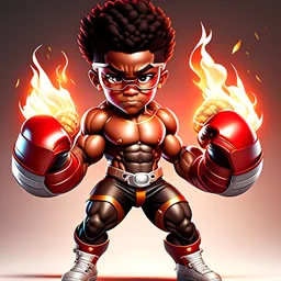 Strong child with muscles, dark skin, black hair, wears iron box jumps on his hand, iron box gloves on his hand, steel gloves, iron gloves, angry face, wears white shoes, wears glasses, strong thighs, has a high fitness No mistake in the picture, flames on iron gauntlets, Full body, Iron gloves, iron metal, Fire on the gloves, Fire, full body, detailed full body, colorfull, fullbody