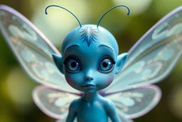 Blue fairy with transparent wings and bright blue eyes, small ears. There are two antennae or tendrils on the head like butterflies. View in full height. High detail.