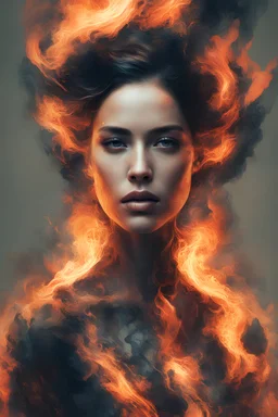 An abstract and captivating digital artwork featuring a portrait of a woman with burning edges
