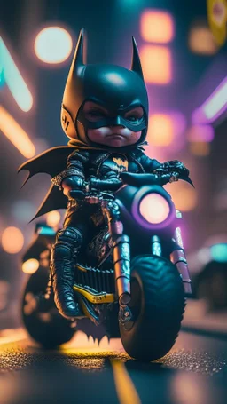 A Sharp Kawaii tiny hyper realistic baby batman riding mini harley davidson, wearing bikers clothes with freestyle action, night of cyberpunk city background. wide angle full body, 8k, Cinematography, photorealistic,epic composition Unreal Engine,Cinematic, Color Grading, Portrait Photography,Ultra-Wide Angle, Depth of Field, hyper detailed