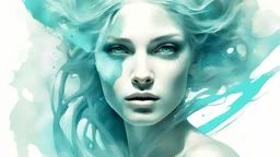 A captivating Greek goddess of water emerges from the artwork by Alberto Seveso, Russ Mills, Alan Lee, and Michelangelo. The image, a breathtaking painting or photograph, showcases the goddess with flowing aquamarine hair, sparkling like ethereal waves. Her serene face exudes beauty and grace, as her eyes mesmerize with an otherworldly glimmer. The artists' remarkable attention to detail brings the goddess to life, capturing each delicate ripple of water cascading down her cascading robe and rev