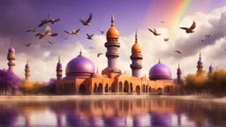 Hyper Realistic Orange & Purple Mosque with Brown Minarets riverside at beautiful cloudy weather & Rainbow with birds flying