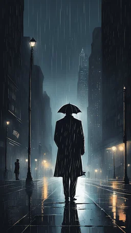 An atmospheric, noir-style illustration of a rainy cityscape at night, featuring glowing streetlights reflecting off the wet pavement, towering Art Deco skyscrapers, and a mysterious figure holding an umbrella, evoking a sense of intrigue and timelessness.thin line draw