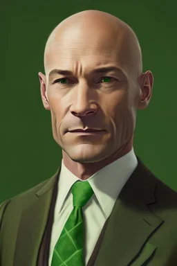realistic Portrait of a man in his late forties. He wears a brown suit and a green tie and he is bald. he looks like a politcian