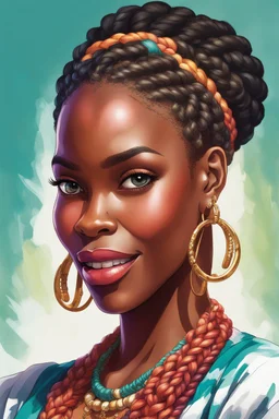 A vibrant digital illustration of a carribean woman with a confident yet playful expression. She is making a gesture by a raised brow. highly detailed two large cornrows. Her large hoop earrings are clearly visible, adding to the bold and expressive character of the artwork. with soft lighting accentuating the details of her face.", ink wash