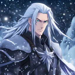 Sephiroth covered in ice, in nickelodeon art style, background snow night