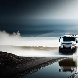 photorealistic shot, Toy R C truck, monotone color palette, sharp focus, puddle reflection, refraction, mist on the horizon, shadowcast, detailed and intricate, intense cinematic composition