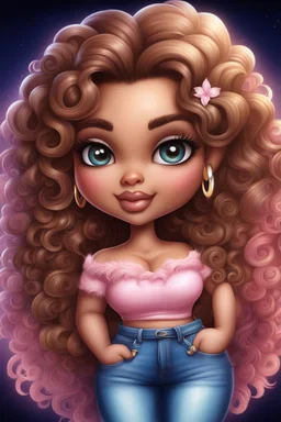 create an airbrush illustration of a chibi cartoon curvy polynesian female wearing Tight blue jeans and a light pink off the shoulder blouse. Prominent make up with long lashes and hazel eyes. She is wearing brown feather earrings. Highly detailed long brown shiny curly hair that's flowing to the side. Background of a night club.