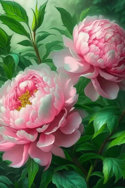 Watercolor pink peony bush, many leaves, ultra-detailed plant, summer, sun, evening, rain, beautiful landscape, fog, many details, subtle sensuality, realism, high quality, 3d, work of art, hyperdetalization, professionally, filigree, misty haze, hyperrealism, professionally, transparency, delicate pastel tones, backlight. The contrast is fantastic, unreal, translucent, luminous, clear lines