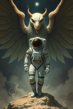 Bosch painting style, an astronaut surrounded by beautiful large creature with wings behind him as protector