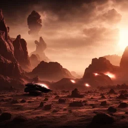 Alien verse human war on deserted planet, hyper realistic, photography, rays, amazing lighting