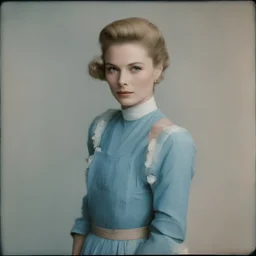 Actress Grace kelly, blue, autochrome, plastic puffy overalls
