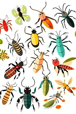 Insects on white background, cartoon style