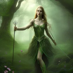 delicate hands with magic sceptre, halo, portrait of dark celtic in wonderland, fast walker, as a brunette young cute feminine woman, short hair, green forest ruins background, pond, mega flowers,peacock,sun light