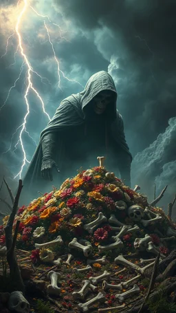 realistic nuclear muschrum, a colossal heap of flower . The stormy sky. When a lightning bolt strikes, shower of bone fragments scattering through, apocalyptic atmosphere, with the lightning casting eerie, flickering shadows over the grim,in the background big evil hooded charcuter