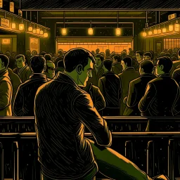 a single figure in a crowded bar at night