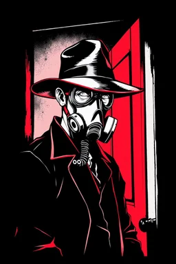 man with hat (wide and flat brim and a flat top) shading face, wearing a gas-mask, leaning in a doorway, vignette, black and white graphic novel style with a red outline on black background, gothic horror