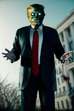 Ultra realistic image, Donald trump zombie, zombie performance, suit, skull, blood, torn arm, night, walking twisted, waist up view, thriller style, dark ambient, highly detailed, White House background, concept art, unreal engine 5, ray tracing, RTX, ultra detail, volumetric lighting, high definition, high resolution.