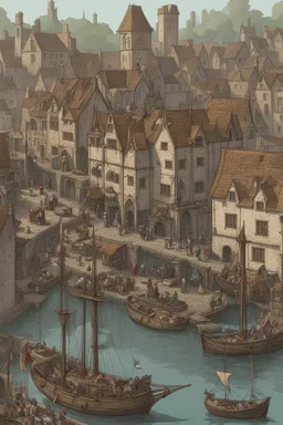 gothic medieval harbour with ships, piers, houses, shops, inns, balconies, plants, people, market