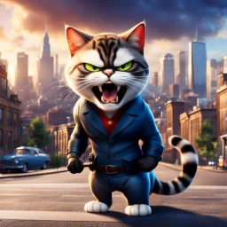 Gato antropomorfico enfadado, estilo pixar, fondo de ciudad