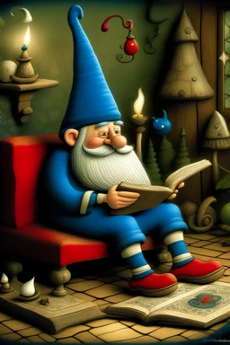 whimsical illustration of a hand painted illustration of a gnome sweet gnome reading by the fireside character in the world of tomorrow high resolution, fine detailed textures in the mix style of Joan Miró - Marc Chagall - Maurice Sendak