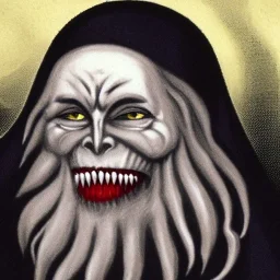 Vampire with yellow eyes with fleshy tentacle beard grey skin and fangs and vampire bat nose as a Russian Orthodox