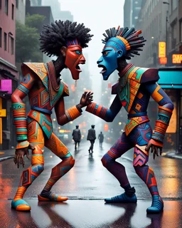 two arafed persons arguing in middle of street, yikes art, afrofuturism, arafed angularity, art cracking the road, angular aztec vibe, whimsical arafed nonsense, patchwork vibe, (((side view))) two arafed cyberlords fighting each other in a rainy whimsical downtown street with extreme body action and with (((exaggerated body parts))), (((oversize head))), sharp color contrasts, amazing shadows, (((exaggerated limbs and head))), minimal cozy, warm palette, bright bold warm summer colors