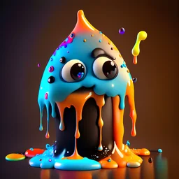 Pixar 3D animation style, ((A cute adorable melting marshmallow monster character)), whimsical character, fluid form, (Pop Surrealism); jelly-like, amorphous, shape shifter, 3D animated character, playful colour splatter, ((black background)), photorealistic CG, genetically modified (orange) bell pepper, covered in gooey dripping chocolate and a bubblegum blue Slimy goop, thick and glossy, topped with lots of rainbow sprinkles, colourful foam balls, zbrush render, 8k