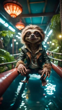 fish-eye photo of furry hairy pimp rocker alien gremlin sloth granny on bridge over water slide magically levitating in dark lit reflective wet jungle hall hotel tunnel, in the style of fallout 4 game,bokeh like f/0.8, tilt-shift lens 8k, high detail, smooth render, down-light, unreal engine, prize winning