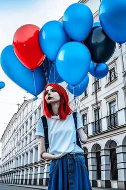 girl holds a string with blue and red balloons, in the background the white facade of a building, style like urban artist Bansky
