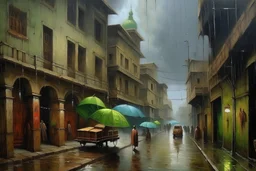 Oil painting of old Pakistani city lhore rainy day