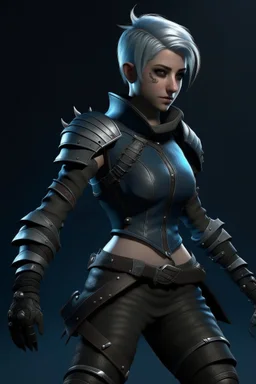 create a female air genasi from dungeons and dragons, dark gray short hair, light blue eyes, wind like hair, wearing hot leather clothing that also looks studded, realistic, full body, digital art, high resolution, strong lighting