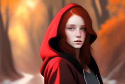 A beautiful young woman with brown eyes and shoulder length red hair wearing a black hoodie. Realistic.