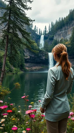 A woman suiting watching the waterfall on A lake, trees, flowers, 8k, high quality, trending art, trending on artstation, sharp focus, studio photo, intricate details, highly detailed, by greg rutkowski