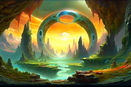 A fantasy painting of mysterious anomalous portals in the sky surrounded by floating islands and hovering rocks above a beautiful landscape in the style of Michael Whelan, energy surge, serene countryside, lush forests, soaring mountains, impressive detail, sunset, high resolution, 4K, 8K, masterpiece