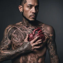 man with light skin with the entire cardiovascular system tattooed, nikon 70mm lens, photo, professional studio photo, very real