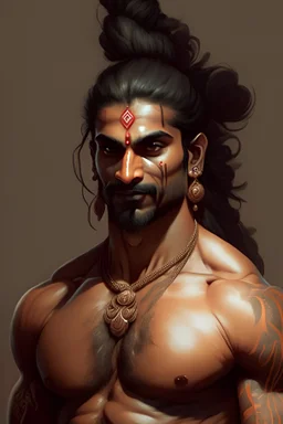 indian male kshatriya body builder, rudraksha on neck, friendly, , trending on artstation