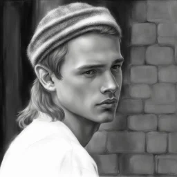 dibujo en grafito hiper realista de joven varon hermoso adolecente, mirada seria tres cuartos perfil