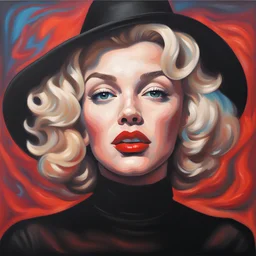 psychedelic oil painting of body marilyn monroe, a blonde woman with short, wavy hair, is the focal point of the image. she's dressed in a dark brown turtleneck sweater, paired with a black hat and a black suit jacket. her lips are a vibrant red, and her eyes are a deep brown. her hair, a light shade of blonde, is styled in loose waves, adding a touch of whimsy to her appearance. in the background, a man with a black hat and a white shirt is visible..,bokeh like f/0.8, tilt-shift lens 8k, high d