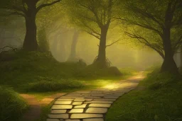 wooded forest cobblestone path lantern