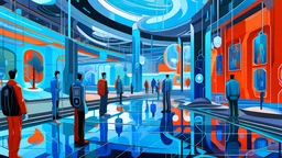 A digital painting by Kuniyoshi and Matisse of tech-people walking inside a futuristic matrix world.