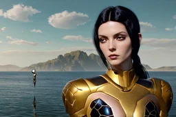 Photorealistic skinny woman with black hair, in a gold and black android suit, standing, looking out over a lake, with flying dandelion heads with octopus tentacles, with tall narrow cloud trees in the distance