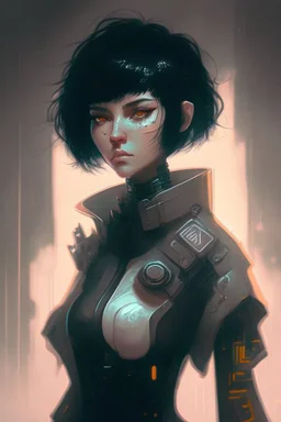 Cyberpunk netrunner, black hair, short hair, cybernetic eyes, standing in mists, Female, dark art, Ivory Peach skin, cute