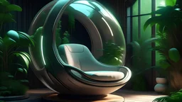 Futuristic sci-fi pod chair, flat design, product-view, editorial photography, transparent orb, product photography, natural lighting, plants, natural daytime lighting, zbrush, 8k, natural wooden environment