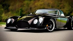 Gorgeous and expensive, oldschool black sports car with a big, black front grill, realistic, stylish