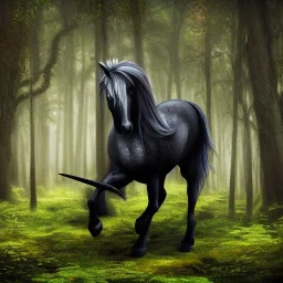 fantasy art, Photorealistic, 8k, black unicorn, forest