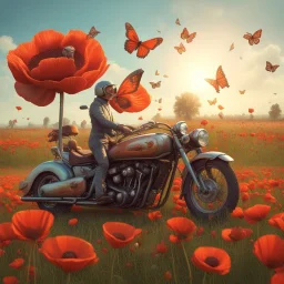 An old rusty vintage car and an old rusty chopper motorcycle are standing in a poppy field, the sun is shining, butterflies are flying around happily, a kestrel is sitting on the handlebars of the motorcycle. digital style, 3D style, natural style, hyperrealistic style, colorful, frog perspektiv