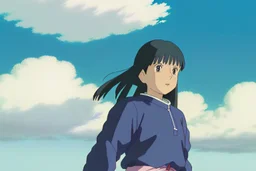 Yui: A full body image of Yui standing confidently in her rugged clothing, hands on her hips. Her athletic build, dark hair streaked with blue, and vibrant green eyes are clearly visible. Her look of determination reflects her adventurous spirit.