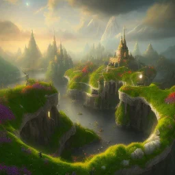 Create a fantasy world landscape. It should be like a starry sky and paradise with the city that has a wall around the city. Hopefully, we can incorporate trees, grass, and mountains.