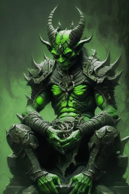 Demonio con armadura verde con negro meditando